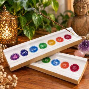 7 csakrás füstölőtartó – fa füstölőpálca tartó színes csakra szimbólumokkal meditációhoz és relaxációhoz
