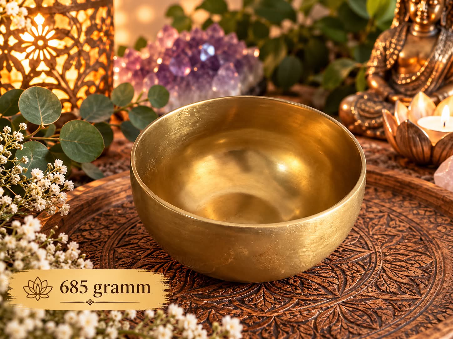 685 grammos aranyszínű tibeti hangtál faragott faalátéten, ametisztkristállyal, Buddha-szoborral, lótusz mécsestartóval és hangulatos gyertyafénnyel.