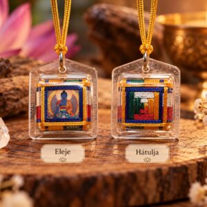 Buddha védelmező amulett – Gyógyító Buddha képpel, színes fonott díszítéssel
