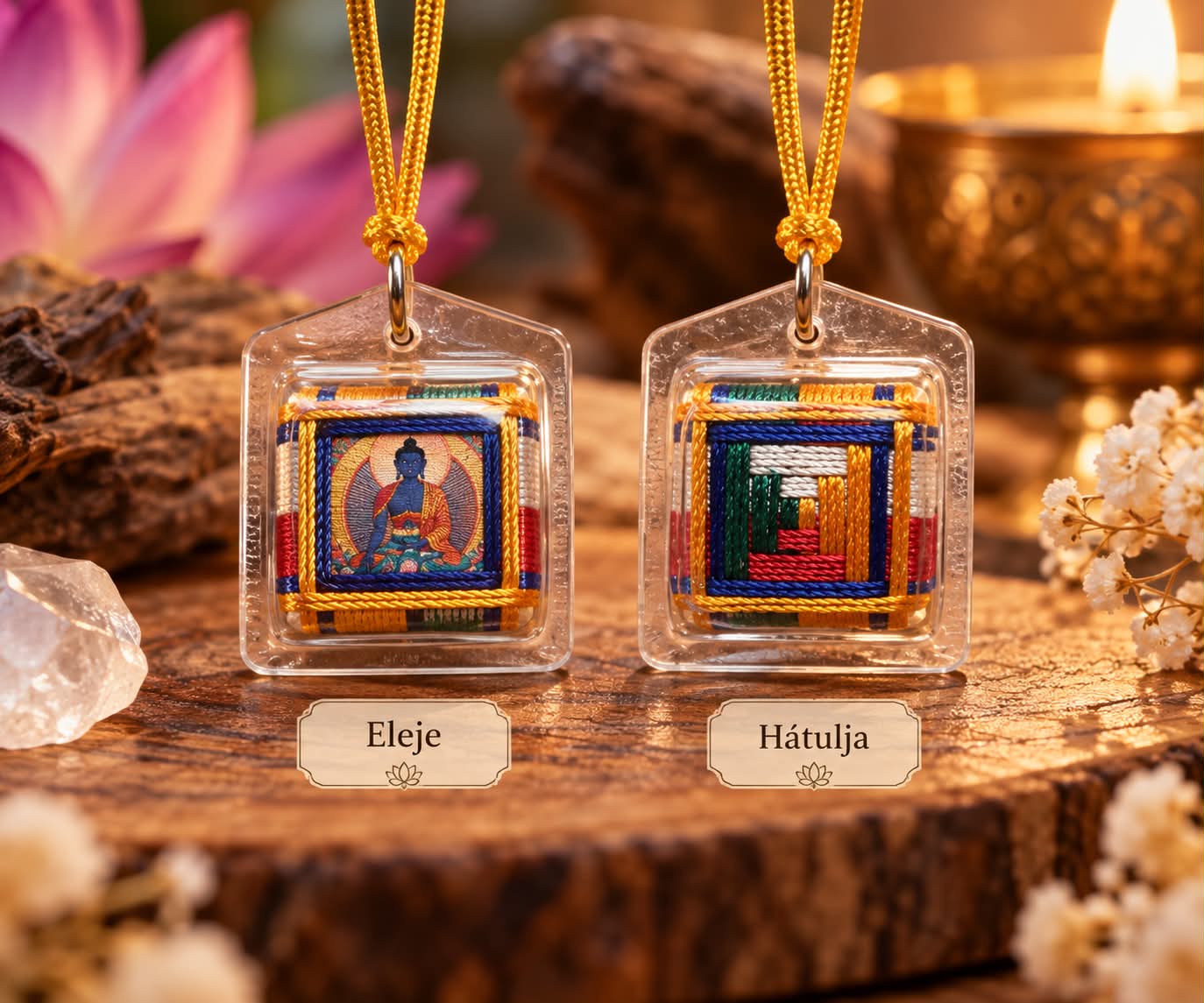 Buddhista védelmező amulett Gyógyító Buddha ábrázolással, színes fonott szálakkal, átlátszó védőtokban, aranysárga akasztózsinórral. Elülső és hátoldali nézet.